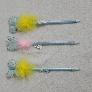 Blue Butterfly & Flower W/ Fuzzy Accent Pens, Lot Of 3